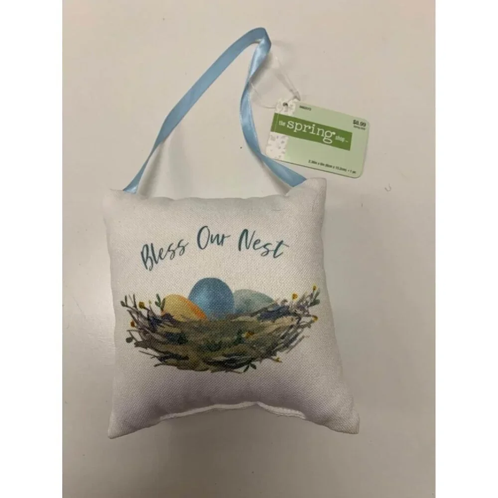 NWT “Bless Our Nest” 6” Pillow Decor Eggs Easter Spring Summer Decor Love Birds